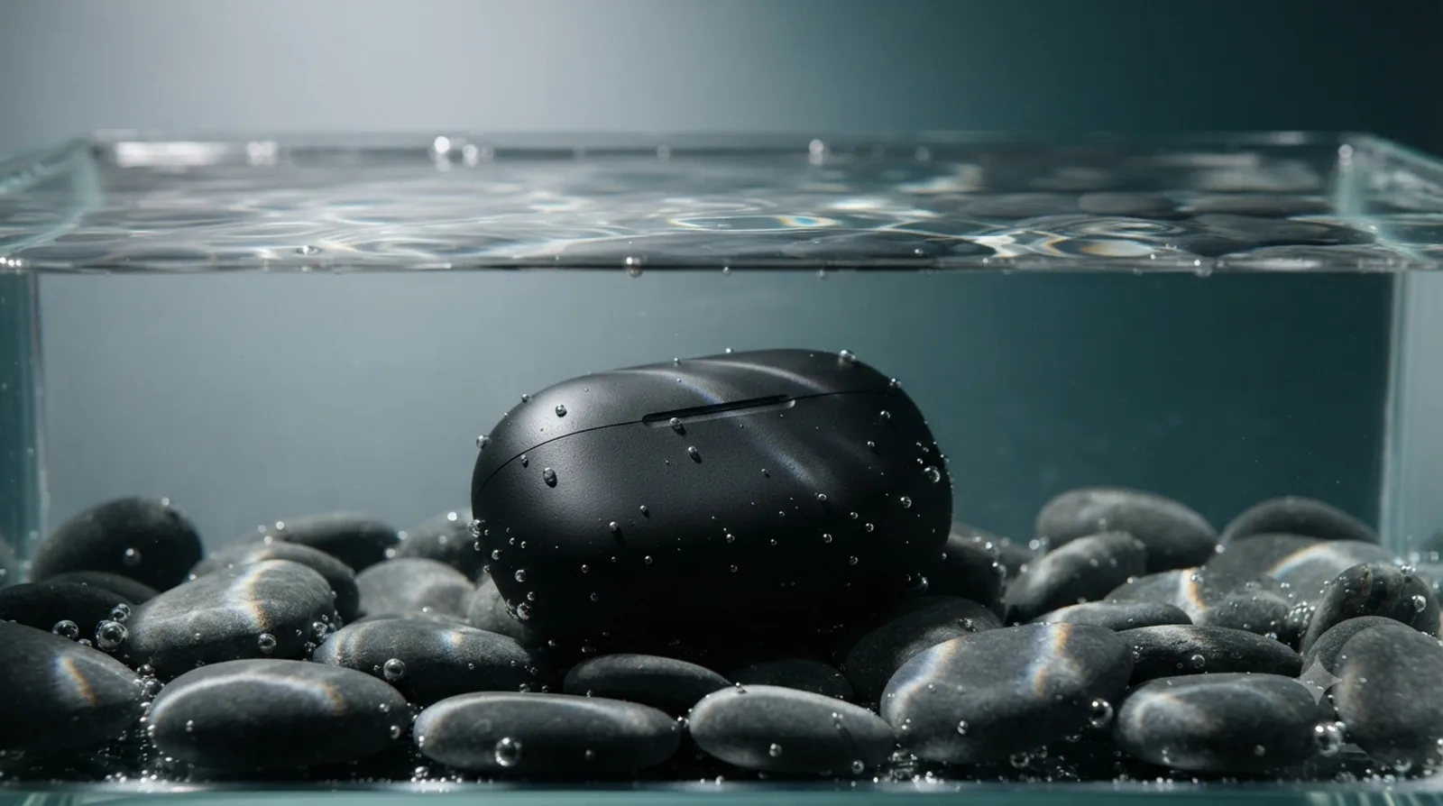 A smartphone submerged in a clear mountain stream, air bubbles rising past wet rock