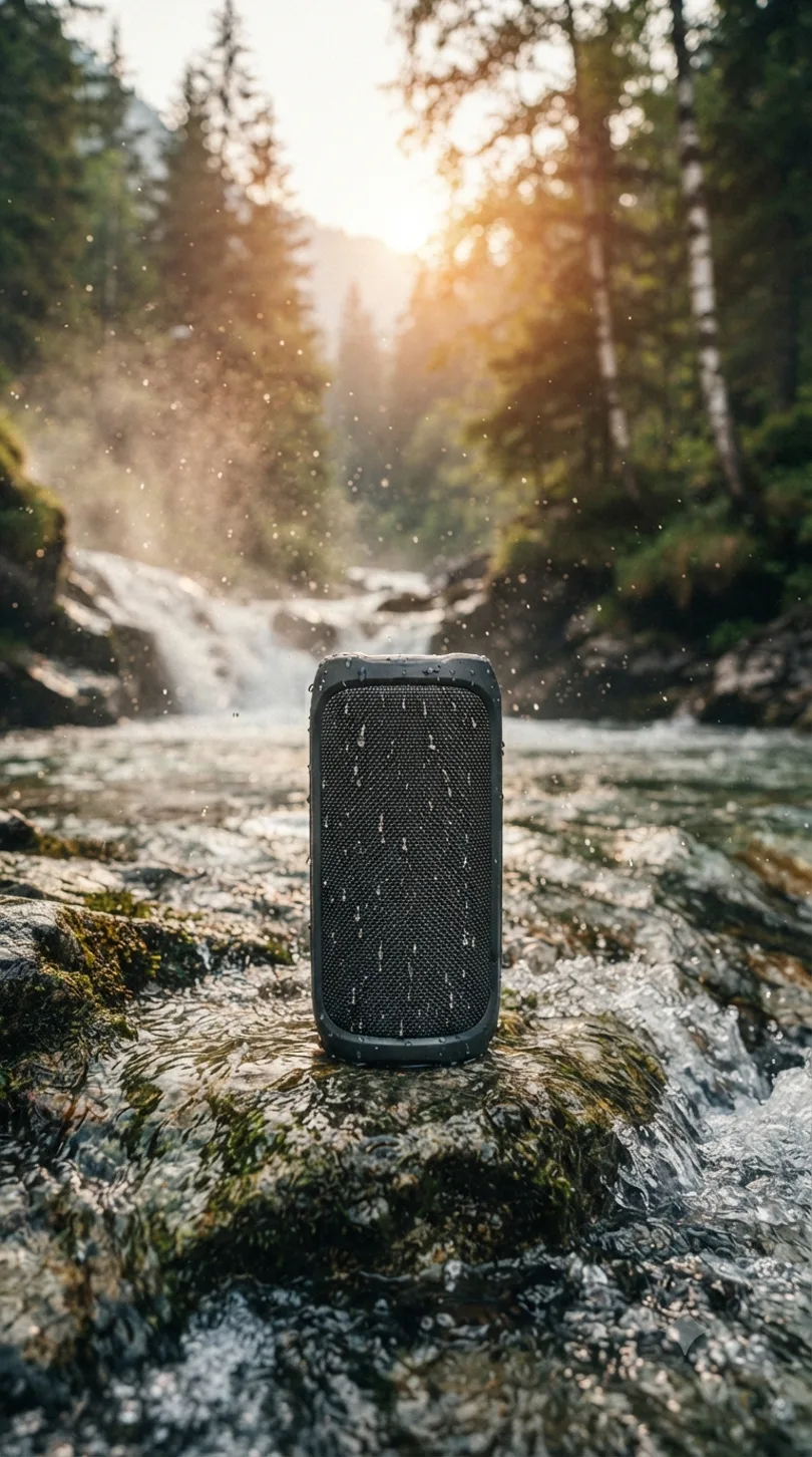 A portable Bluetooth speaker perched on wet rock beside whitewater in a mountain stream